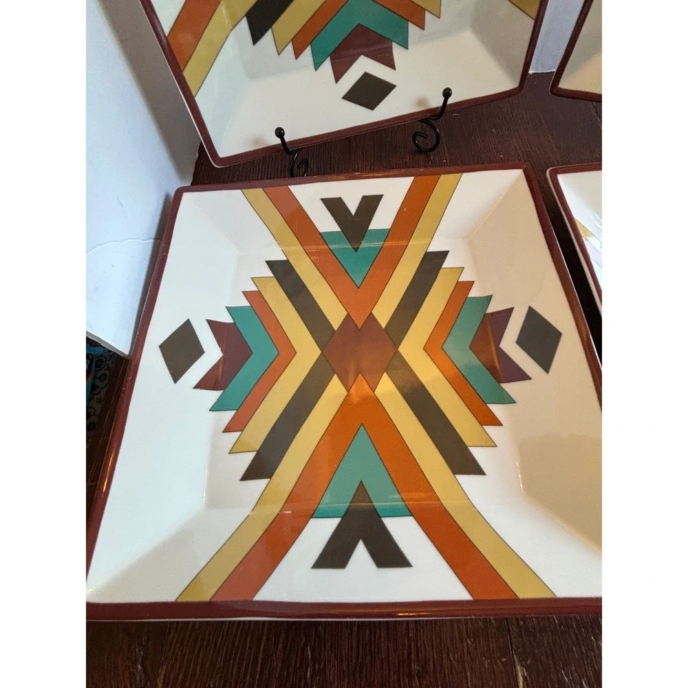 Mesa Southwest Square Dinner Plates Set of 4 Geometric Tribal Pattern 10.5 Inch